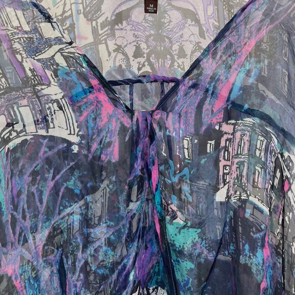 SINGLE City M Print Silk Long Sleeve Wrap Top Hi Low Sheer Multicolor Blue USA - Picture 5 of 10